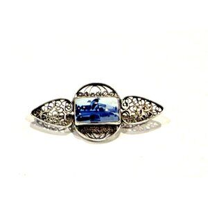 DELFT BLUE SILVER FILIGREE WIRE WINDMILL LANDSCAPE PORCELAIN PIN BROOCH EUC